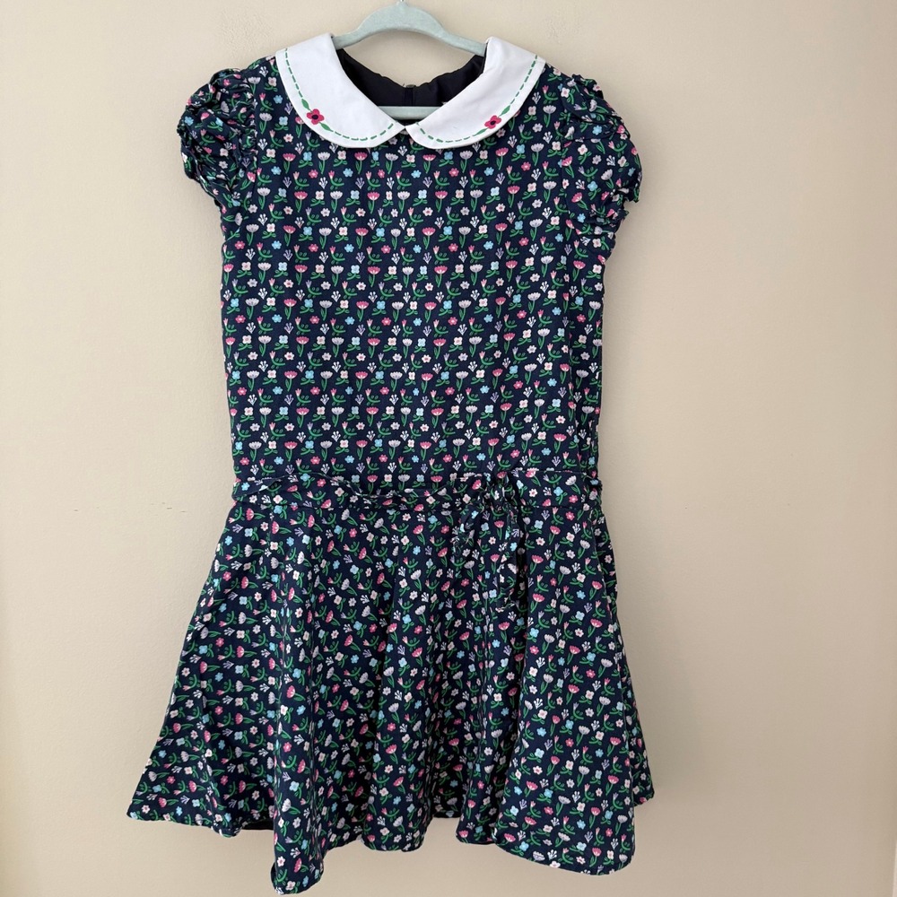 Florence Eiseman Girls Navy Floral Peter Pan Collar Dress Size 7 F5561 Cotton